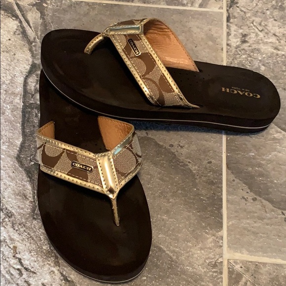 Coach Shoes - Gold&Brown Authentic Coach Sandals 💯 condition